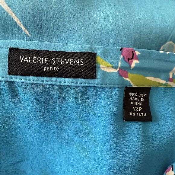 VALERIE STEVENS BLUE FLORAL SILK SKIRT RAMP SIZE 12 PETITE - Picture 4 of 4